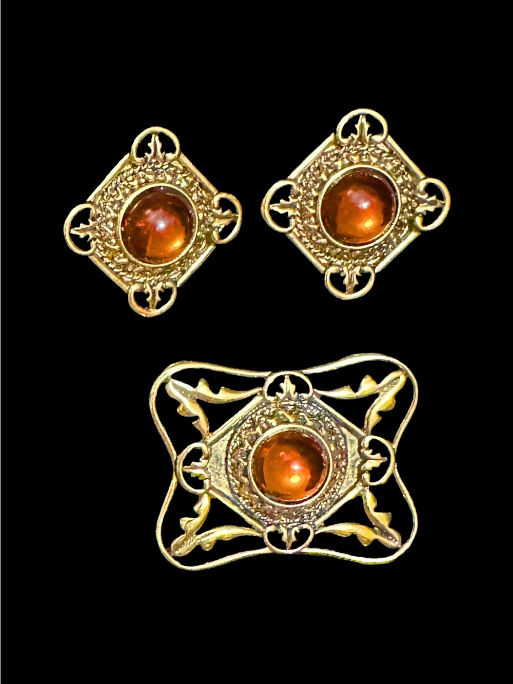 Avon Gold-Tone Brooch & Earring Set with Amber Cabochons